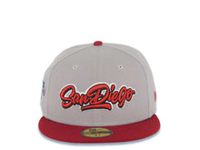 Load image into Gallery viewer, San Diego Padres New Era MLB 59FIFTY 5950 Fitted Cap Hat Gray Crown Cardinal Visor Cardinal/Black/White Logo Petco Park Side Patch Gray UV