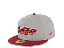 Load image into Gallery viewer, San Diego Padres New Era MLB 59FIFTY 5950 Fitted Cap Hat Gray Crown Cardinal Visor Cardinal/Black/White Logo Petco Park Side Patch Gray UV