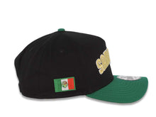 Load image into Gallery viewer, San Diego Padres New Era MLB 9FORTY 940 A-Frame Adjustable Cap Hat Black Crown Green Visor Metallic Gold/White Text Logo Mexico Flag Side Patch Red UV
