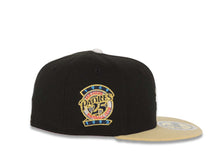 Load image into Gallery viewer, (Youth) San Diego Padres New Era MLB 59FIFTY 5950 Kid Fitted Cap Hat Black Crown Vegas Gold Visor White/Metallic Gold Swinging Friar Logo Blue UV