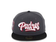 Load image into Gallery viewer, San Diego Padres New Era MLB 59FIFTY 5950 Fitted Cap Hat Dark Gray Crown Black Visor White/Cardinal Script/Text Logo City Scape Side Patch Gray UV