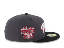 Load image into Gallery viewer, San Diego Padres New Era MLB 59FIFTY 5950 Fitted Cap Hat Dark Gray Crown Black Visor White/Cardinal Script/Text Logo City Scape Side Patch Gray UV