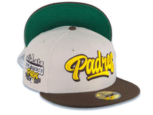 Load image into Gallery viewer, San Diego Padres New Era MLB 59FIFTY 5950 Fitted Cap Hat Stone Crown Brown Visor Yellow/Brown Script Logo City Scape Side Patch Green UV