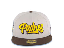 Load image into Gallery viewer, San Diego Padres New Era MLB 59FIFTY 5950 Fitted Cap Hat Stone Crown Brown Visor Yellow/Brown Script Logo City Scape Side Patch Green UV