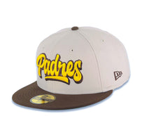 Load image into Gallery viewer, San Diego Padres New Era MLB 59FIFTY 5950 Fitted Cap Hat Stone Crown Brown Visor Yellow/Brown Script Logo City Scape Side Patch Green UV