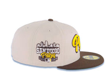 Load image into Gallery viewer, San Diego Padres New Era MLB 59FIFTY 5950 Fitted Cap Hat Stone Crown Brown Visor Yellow/Brown Script Logo City Scape Side Patch Green UV