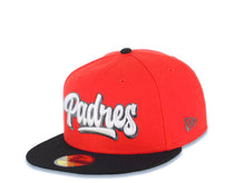 Load image into Gallery viewer, San Diego Padres New Era MLB 59FIFTY 5950 Fitted Cap Hat Red Crown Black Visor White/Metallic Black Script Logo Stadium Side Patch Green UV