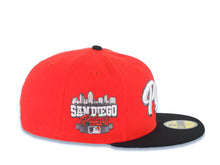 Load image into Gallery viewer, San Diego Padres New Era MLB 59FIFTY 5950 Fitted Cap Hat Red Crown Black Visor White/Metallic Black Script Logo Stadium Side Patch Green UV