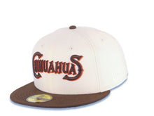 Load image into Gallery viewer, El Paso Chihuahuas New Era MiLB 59FIFTY 5950 Fitted Cap Hat Cream Crown Brown Visor Brown/Orange Text/Script Logo Mascot Side Patch Gray UV