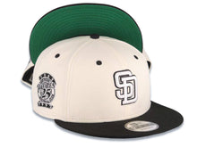 Load image into Gallery viewer, San Diego Padres New Era MLB 9FIFTY 950 Snapback Cap Hat Cream Crown Black Visor White/Black Logo 25th Anniversary Side Patch Green UV