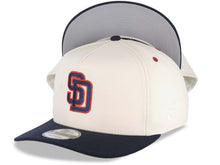 Load image into Gallery viewer, San Diego Padres New Era MLB 9FIFTY 950 A-Frame Snapback Cap Hat Cream Crown Navy Blue Visor Navy Blue/Red Logo 1998 World Series Side Patch Gray UV