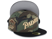 Load image into Gallery viewer, San Diego Padres New Era MLB 59FIFTY 5950 Fitted Cap Hat Camo Crown Black Visor Light Khaki Script Logo Stadium Side Patch Gray UV