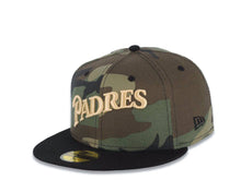Load image into Gallery viewer, San Diego Padres New Era MLB 59FIFTY 5950 Fitted Cap Hat Camo Crown Black Visor Light Khaki Script Logo Stadium Side Patch Gray UV