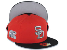 Load image into Gallery viewer, San Diego Padres New Era MLB 59FIFTY 5950 Fitted Cap Hat Red Crown Black Visor Metallic Aluminum/Black Logo 1984 World Series Side Patch Gray UV