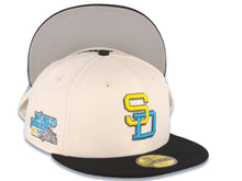 Load image into Gallery viewer, San Diego Padres New Era MLB 59FIFTY 5950 Fitted Cap Hat Cream Crown Black Visor Yellow/Blue Logo 1984 World Series Side Patch Gray UV