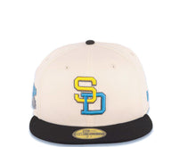 Load image into Gallery viewer, San Diego Padres New Era MLB 59FIFTY 5950 Fitted Cap Hat Cream Crown Black Visor Yellow/Blue Logo 1984 World Series Side Patch Gray UV