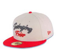 Load image into Gallery viewer, San Diego Padres New Era MLB 59FIFTY 5950 Fitted Cap Hat Stone Crown Red Visor Metallic Black/Red Script Logo Swinging Friar Side Patch Gray UV