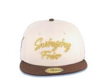 Load image into Gallery viewer, San Diego Padres New Era MLB 59FIFTY 5950 Fitted Cap Hat Cream Crown Brown Visor Brown/Metallic Gold Script Logo Swinging Friar Side Patch Green UV