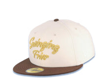 Load image into Gallery viewer, San Diego Padres New Era MLB 59FIFTY 5950 Fitted Cap Hat Cream Crown Brown Visor Brown/Metallic Gold Script Logo Swinging Friar Side Patch Green UV