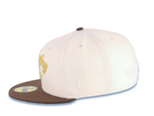 Load image into Gallery viewer, San Diego Padres New Era MLB 59FIFTY 5950 Fitted Cap Hat Cream Crown Brown Visor Brown/Metallic Gold Script Logo Swinging Friar Side Patch Green UV