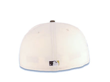 Load image into Gallery viewer, San Diego Padres New Era MLB 59FIFTY 5950 Fitted Cap Hat Cream Crown Brown Visor Brown/Metallic Gold Script Logo Swinging Friar Side Patch Green UV