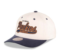 Load image into Gallery viewer, San Diego Padres Mitchell & Ness MLB Adjustable Snapback Cap Hat Cream Crown Navy Blue Visor Blue/Orange Logo 25th Anniversary Side Patch (Tail Sweep)