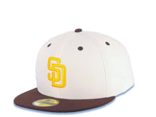 Load image into Gallery viewer, San Diego Padres New Era MLB 59FIFTY 5950 Fitted Cap Hat Cream Crown Brown Visor Yellow Logo Petco Park 20 Years Side Patch Green UV