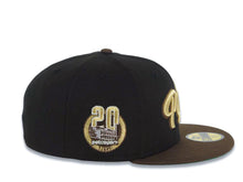 Load image into Gallery viewer, San Diego Padres New Era MLB 59FIFTY 5950 Fitted Cap Hat Black Crown Brown Visor Metallic Gold Script/Text Logo Petco Park 20 Years Side Patch