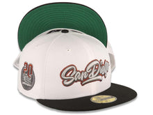 Load image into Gallery viewer, San Diego Padres New Era MLB 59FIFTY 5950 Fitted Cap Hat White Crown Black Visor Metallic Black/Red Script/Text Logo Petco Park 20 Years Side Patch