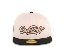 Load image into Gallery viewer, San Diego Padres New Era MLB 59FIFTY 5950 Fitted Cap Hat White Crown Black Visor Metallic Black/Red Script/Text Logo Petco Park 20 Years Side Patch