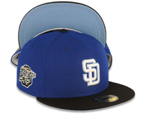 Load image into Gallery viewer, San Diego Padres New Era MLB 59FIFTY 5950 Fitted Cap Hat Royal Blue Crown Black Visor White/Sky Blue Logo 1998 World Series Side Patch Sky Blue UV