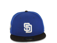 Load image into Gallery viewer, San Diego Padres New Era MLB 59FIFTY 5950 Fitted Cap Hat Royal Blue Crown Black Visor White/Sky Blue Logo 1998 World Series Side Patch Sky Blue UV