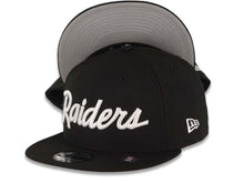 Load image into Gallery viewer, Las Vegas Raiders New Era 9FIFTY 950 Snapback Cap Hat Black Crown/Visor White Script/Text Logo Gray UV