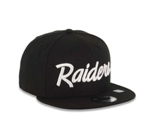 Load image into Gallery viewer, Las Vegas Raiders New Era 9FIFTY 950 Snapback Cap Hat Black Crown/Visor White Script/Text Logo Gray UV
