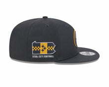 Load image into Gallery viewer, Pittsburgh Steelers New Era NFL 9FIFTY 950 Snapback Cap Hat Dark Gray Crown/Visor Team Color Logo Steel City Football (2024 Draft)