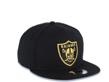 Load image into Gallery viewer, Las Vegas Raiders New Era NFL 9FIFTY 950 Snapback Cap Hat Black Crown/Visor Metallic Gold Logo Black UV