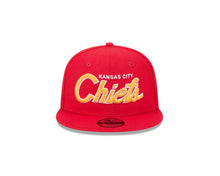Load image into Gallery viewer, (Youth) Kansas City Chiefs New Era NFL 9FIFTY 950 Snapback Kid Cap Hat Red Crown/Visor Yellow Text/Script Logo