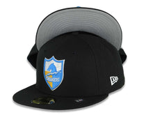 Load image into Gallery viewer, Chargers New Era NFL 59FIFTY 5950 Fitted Cap Hat Black Crown/Visor Team Color Shield Logo Gray UV