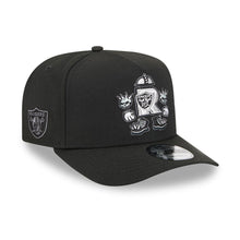 Load image into Gallery viewer, Las Vegas Raiders New Era 9FORTY 940 A-Frame Snapback Cap Hat Black Crown/Visor Gray Logo With Raider Rusher Cartoon