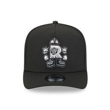 Load image into Gallery viewer, Las Vegas Raiders New Era 9FORTY 940 A-Frame Snapback Cap Hat Black Crown/Visor Gray Logo With Raider Rusher Cartoon