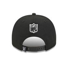 Load image into Gallery viewer, Las Vegas Raiders New Era 9FORTY 940 A-Frame Snapback Cap Hat Black Crown/Visor Gray Logo With Raider Rusher Cartoon