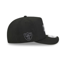 Load image into Gallery viewer, Las Vegas Raiders New Era 9FORTY 940 A-Frame Snapback Cap Hat Black Crown/Visor Gray Logo With Raider Rusher Cartoon