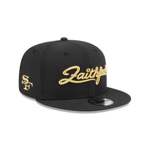 Load image into Gallery viewer, San Francisco 49ers New Era NFL 9FIFTY 950 Snapback Cap Hat Black Crown/Visor Metallic Gold Script/Text Logo Team Logo Side Patch Black UV