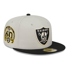 Load image into Gallery viewer, Las Vegas Raiders New Era 59FIFTY 5950 Fitted Cap Hat Stone Gray Crown Black Visor Team Color Logo 60th Anniversary Side Patch Gray UV