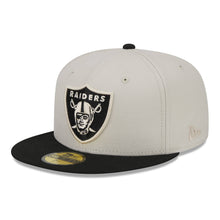 Load image into Gallery viewer, Las Vegas Raiders New Era 59FIFTY 5950 Fitted Cap Hat Stone Gray Crown Black Visor Team Color Logo 60th Anniversary Side Patch Gray UV