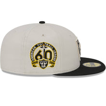 Load image into Gallery viewer, Las Vegas Raiders New Era 59FIFTY 5950 Fitted Cap Hat Stone Gray Crown Black Visor Team Color Logo 60th Anniversary Side Patch Gray UV