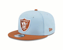 Load image into Gallery viewer, Las Vegas Raiders New Era 9FIFTY 950 Snapback Cap Hat Sky Blue Crown Dark Brown Visor Dark Brown/White Logo (2-Tone Color Pack)