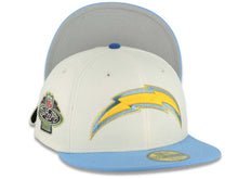 Load image into Gallery viewer, Los Angeles Chargers New Era NFL 59FIFTY 5950 Fitted Cap Hat Cream Crown Sky Blue Visor Yellow/Sky Blue/Gold Logo 2001 NFL Draft Side Patch Gray UV