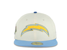 Load image into Gallery viewer, Los Angeles Chargers New Era NFL 59FIFTY 5950 Fitted Cap Hat Cream Crown Sky Blue Visor Yellow/Sky Blue/Gold Logo 2001 NFL Draft Side Patch Gray UV