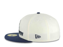 Load image into Gallery viewer, Los Angeles Chargers New Era NFL 59FIFTY 5950 Fitted Cap Hat Cream Crown Navy Blue Visor Super Chargers Script Helmet Logo 50th Anniversary Side Patch